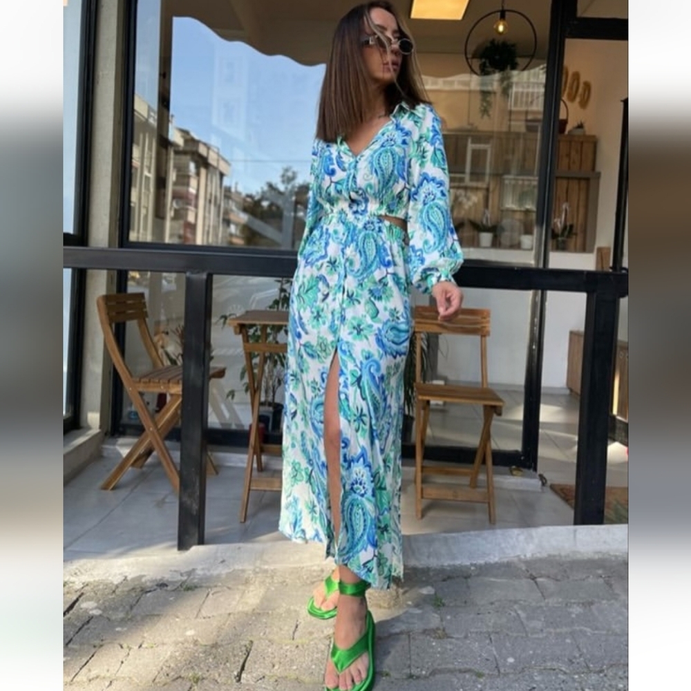 Zara Blue and Green Cut Out Midi Shirt Dress Size Medium (Bloggers Favorite)